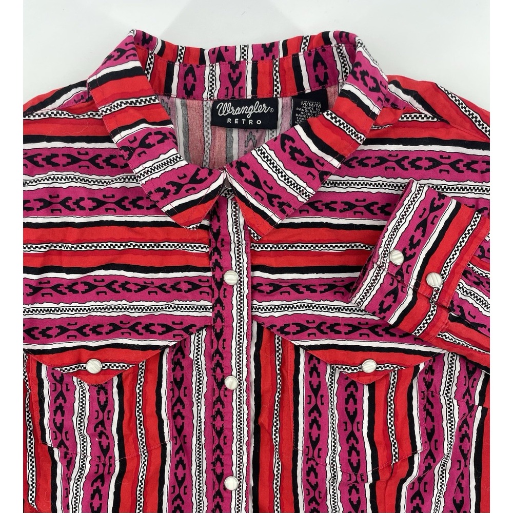 Wrangler Retro Western Snap Shirt Womens Med Pink Red Cowgirl Boho Rodeo Retro